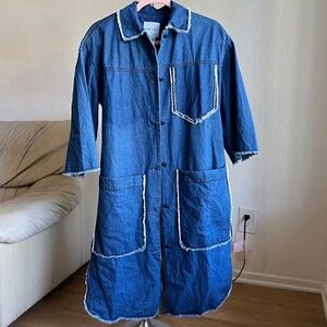 Basic House Blue Denim Trench Coat with White Trim